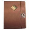 This journal features a wrap-around cover with a chain closure.  The cover has a 2 inch square glass window which displays the book's lovely end paper.<br /><br />  
The inspiration for this book is a doorway showing a glimpse of the journey ahead.