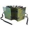 Blue, green and black envelopes alternate in this accordian-spine book with ribbon closure.